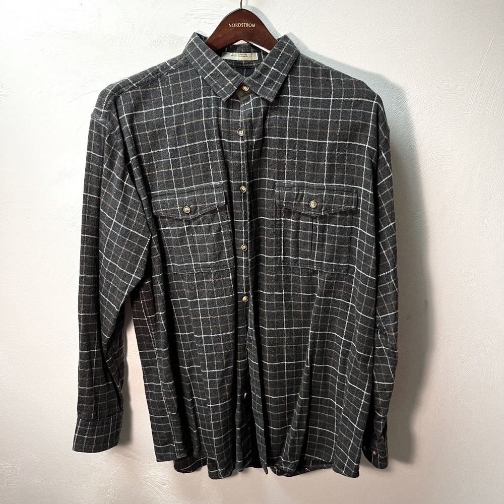 Orvis charcoal cotton flannel shirt with suede-look trim - L